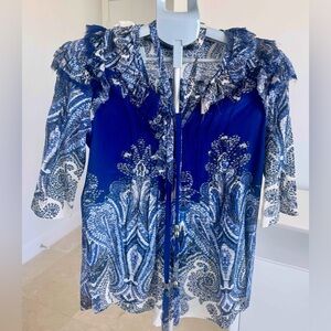 Roberto Cavalli Blue and White Patterned Blouse, 100% Silk, unique style, S